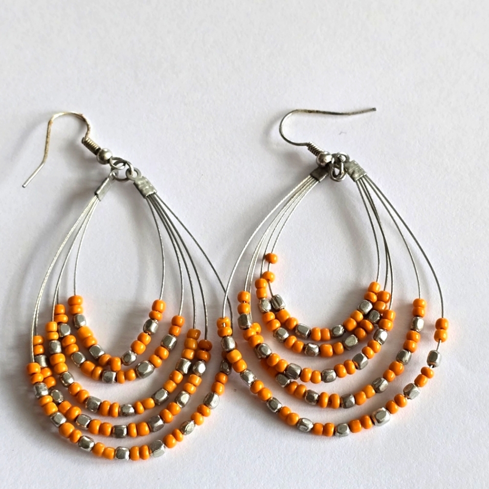 Beaded earrings orange silver tone teardrop shaped boho bohemian